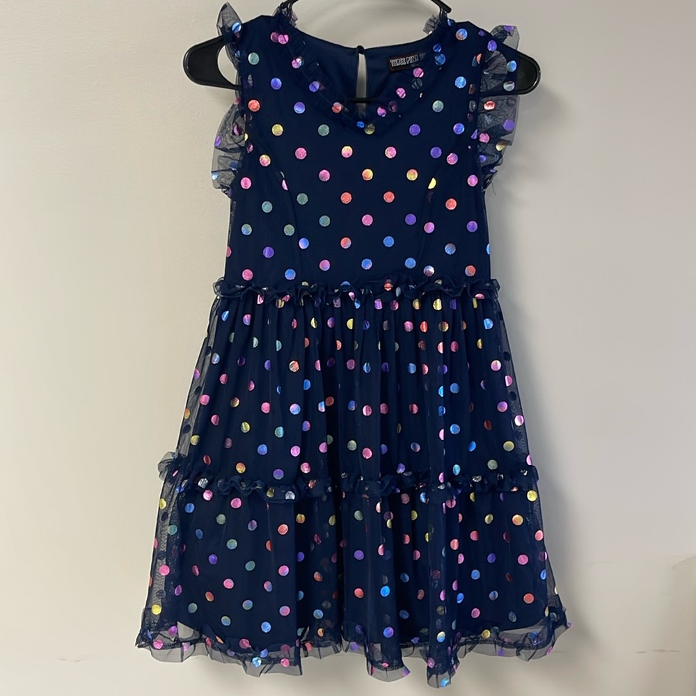 Three Pink Hearts Girls Polka Dot Navy Dress - Girls Size L